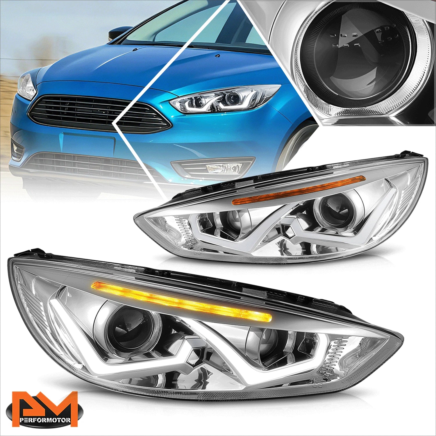 Dual LED DRL + Amber Signal Projector Headlight/Lamp for Ford Focus (2015–2018)