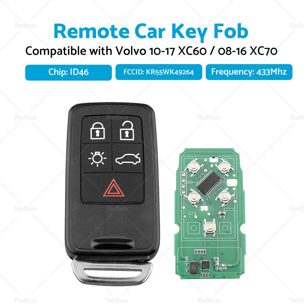 Remote Car Key Fob Entry KR55WK49264 for Volvo XC60 (2010–2017) / XC70 (2008–2016)