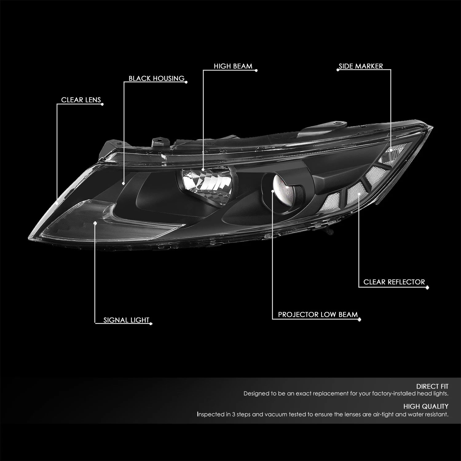 Projector Headlight Lamp for Kia Optima (2011–2013) - Black Housing, Clear Lens