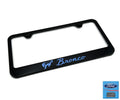License Plate Frame Black Plastic for Ford Bronco Vintage Blue Script (1966–1971)