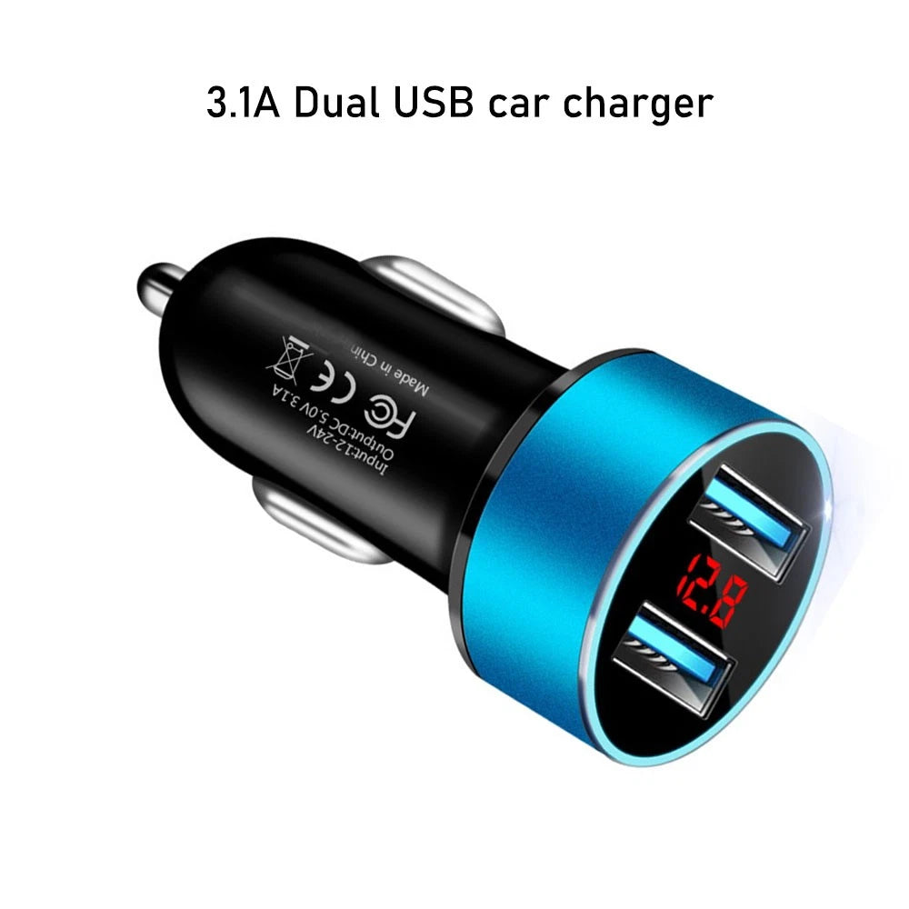 Dual USB 3.1A Car Phone Charger with LED Voltmeter for Universal Vehicles (12V/24V)