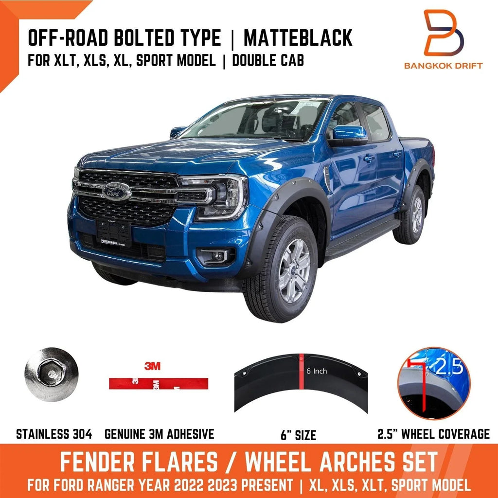 Matte Black Fender Flares for Ford Ranger 2022-2023 XL XLT XLS Sport