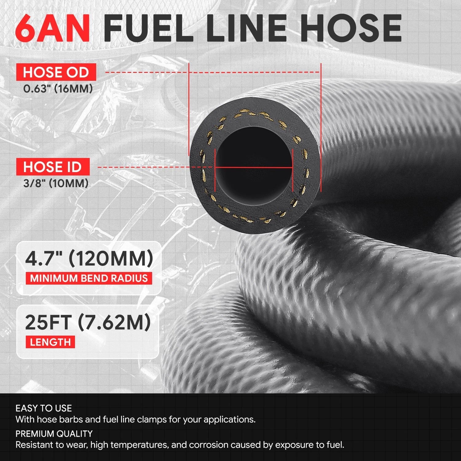 25FT Nitrile Rubber EFI Fuel Line Braided Hose 1/4" 5/16" 3/8"