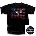 Black Chevy Corvette T-Shirt with American Flag Graphic for All Years (C1–C8)