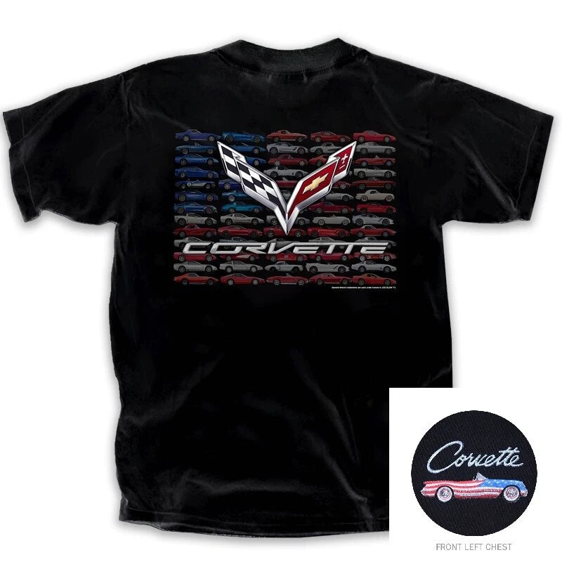 Black Chevy Corvette T-Shirt with American Flag Graphic for All Years (C1–C8)