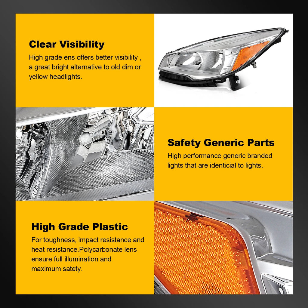 Set of 2 Headlight Assemblies for Ford Escape (2013–2016) Chrome Amber