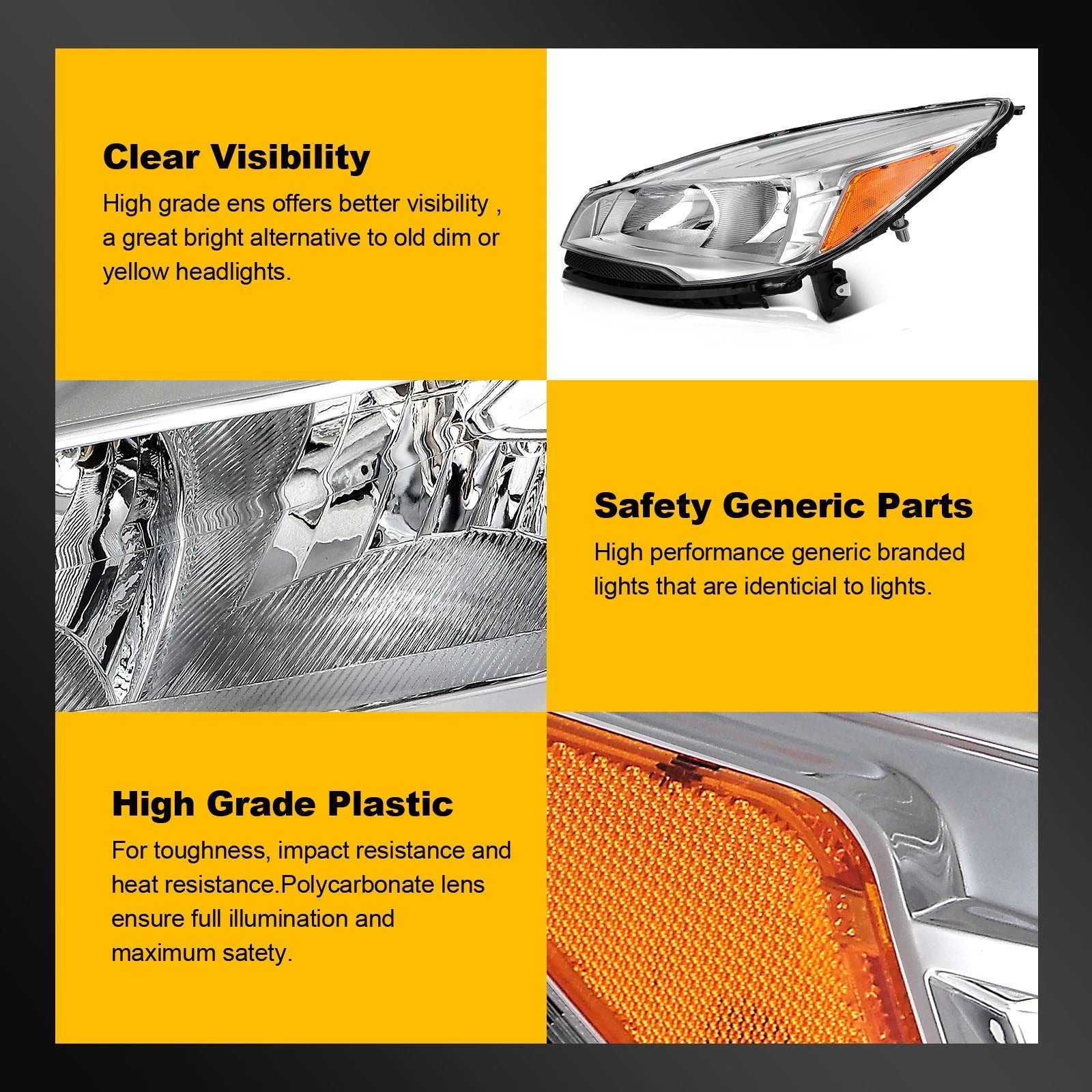 Set of 2 Headlight Assemblies for Ford Escape (2013–2016) Chrome Amber
