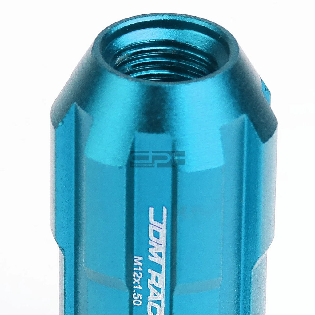 Set of 20 Open End M12x1.5 50mm Tall Sky Blue Aluminum Lug Nuts + Adapter