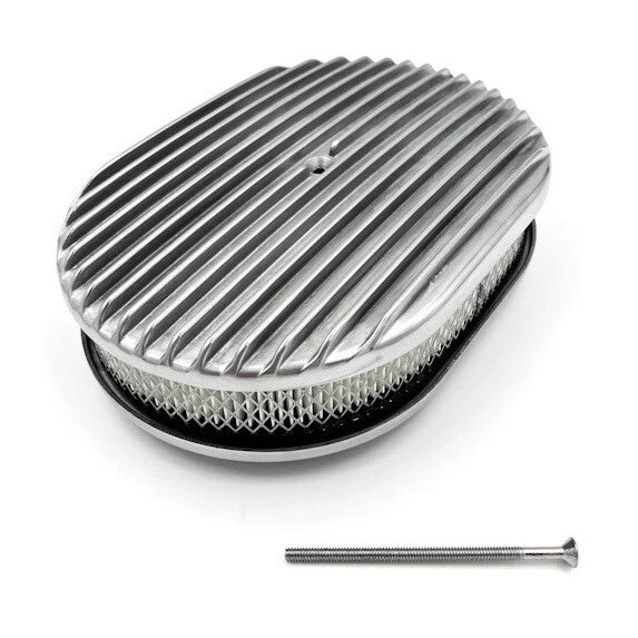 Air Cleaner Assembly Fully Polished Oval Aluminum Finned for Holley Carb (5-1/8")
