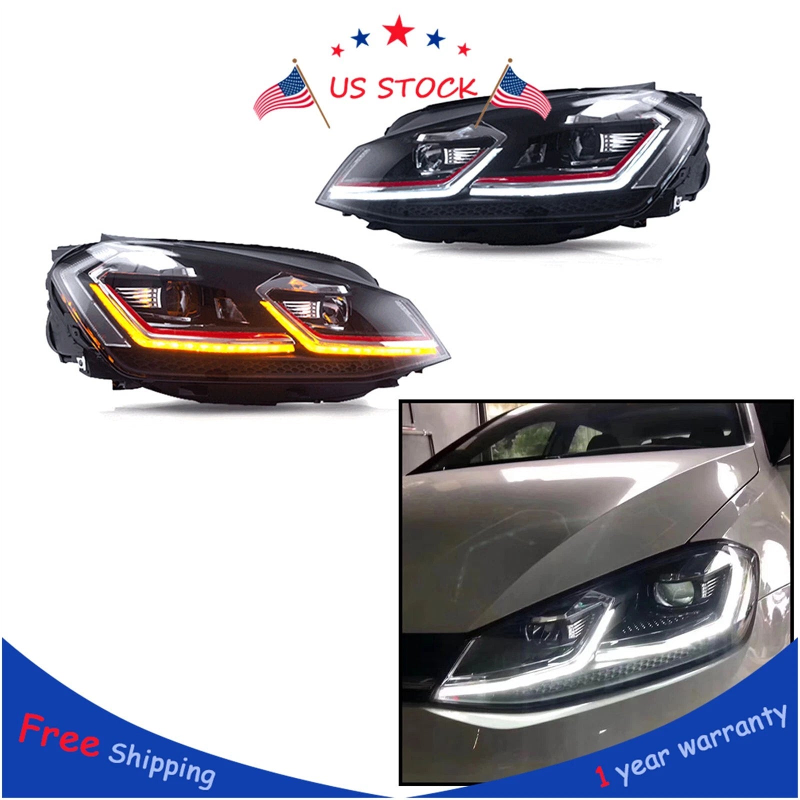 Set of 2 LED Front Headlights for VW Golf 7 (2013–2018)