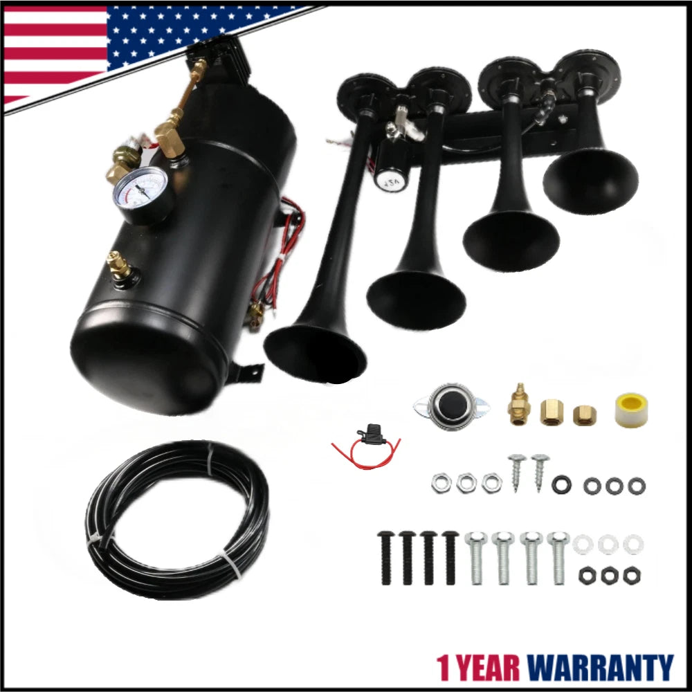 4 Trumpet Train Horn Kit with 1G Air Tank 150PSI for Car Truck Pickup