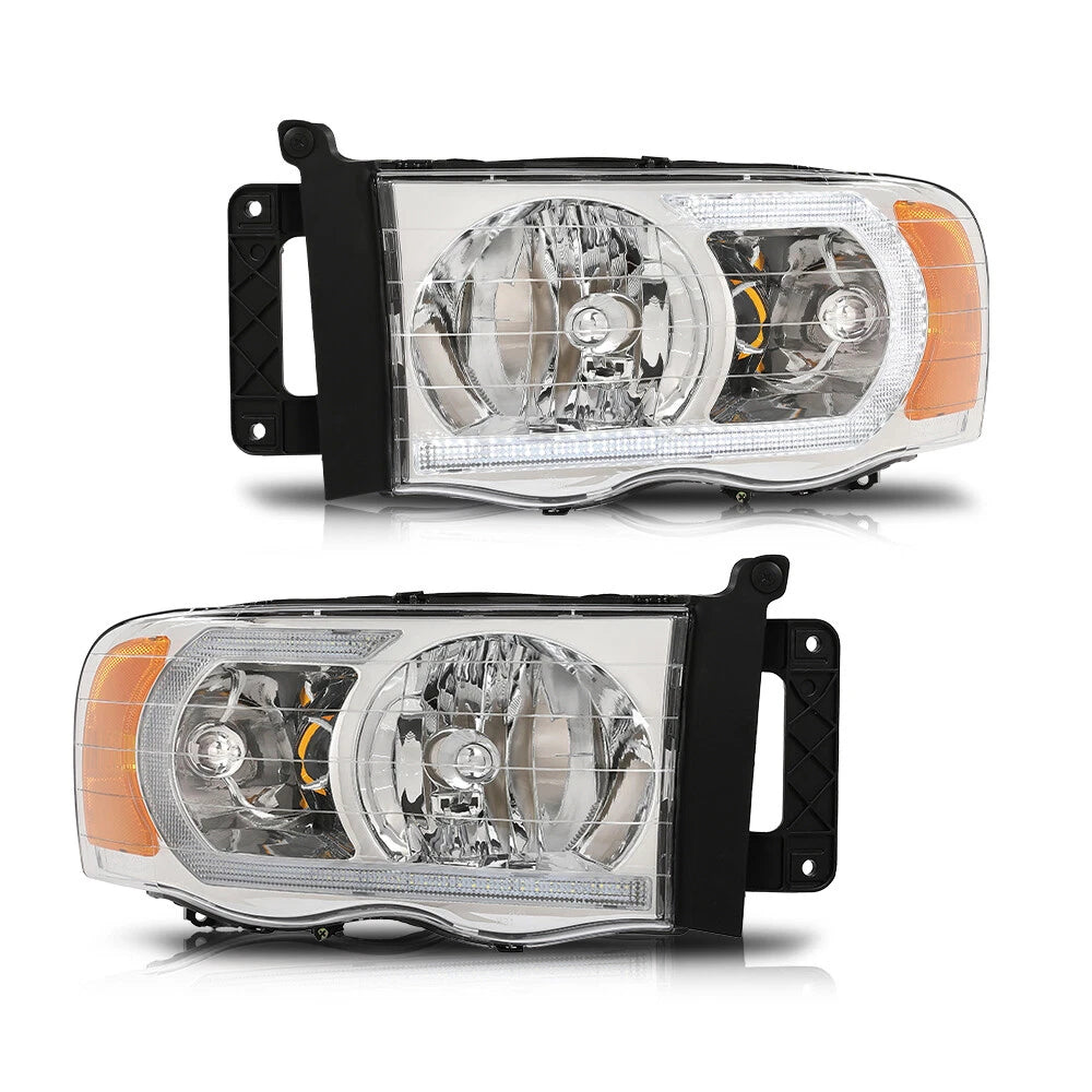 Clear Chrome LED Tube DRL Headlights for Dodge Ram 1500 2500 3500 (2002–2005)