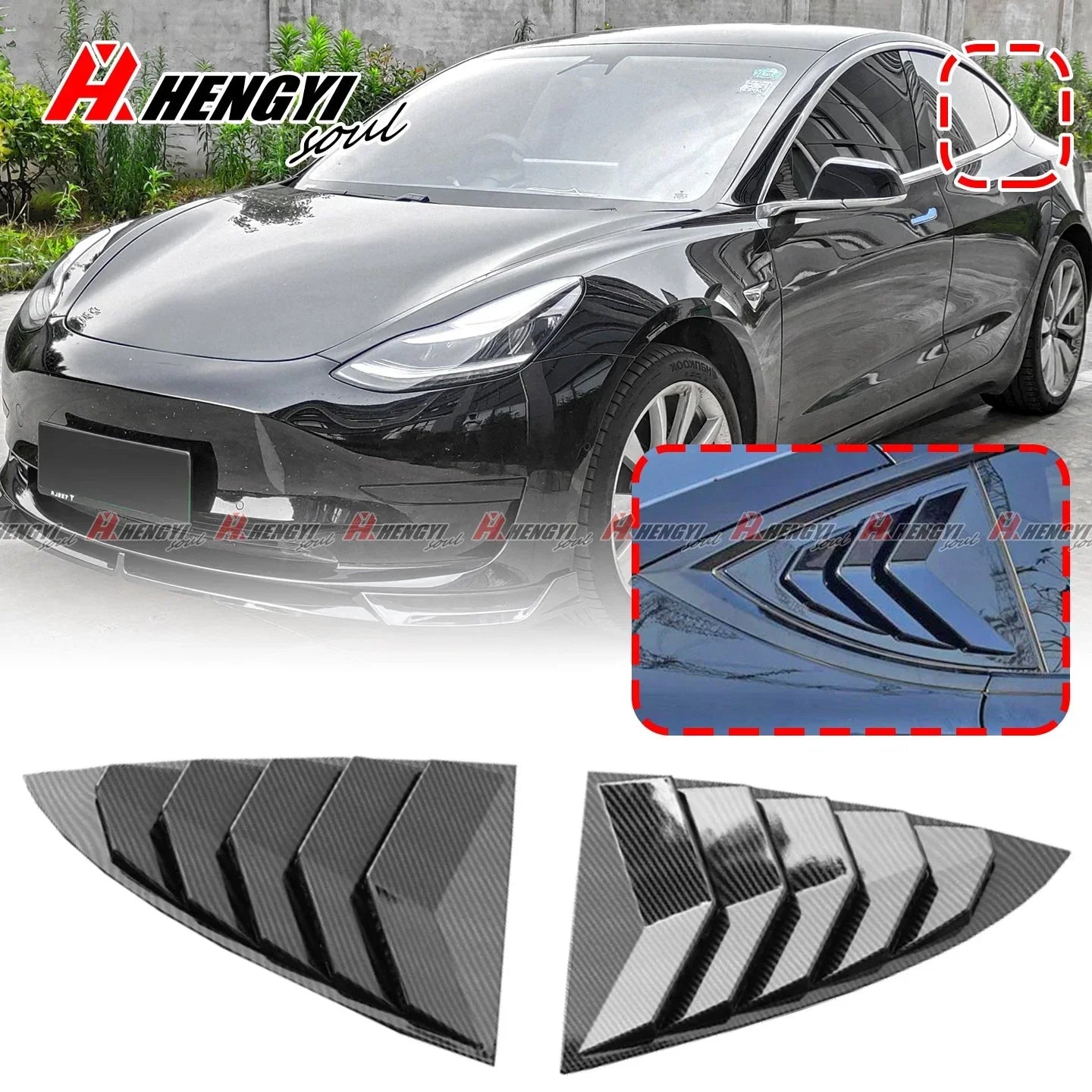 Rear Side Window Louver Shutter Cover CF Style for Tesla Model 3 (17–23)