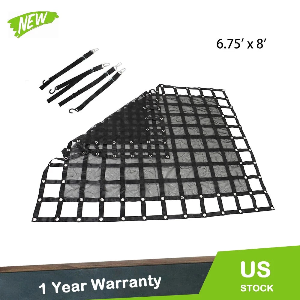 Heavy Duty Cargo Net for Pickup Trucks with Cam Buckles & S-Hooks (6.75' x 8')