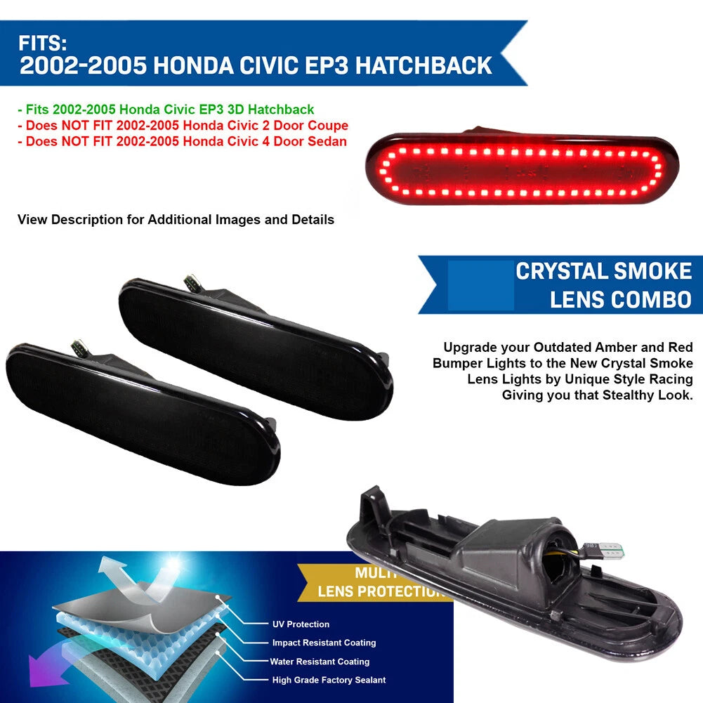2X Smoke Red LED Rear Bumper Side Marker Lights for Honda Civic Si (2002–2005)
