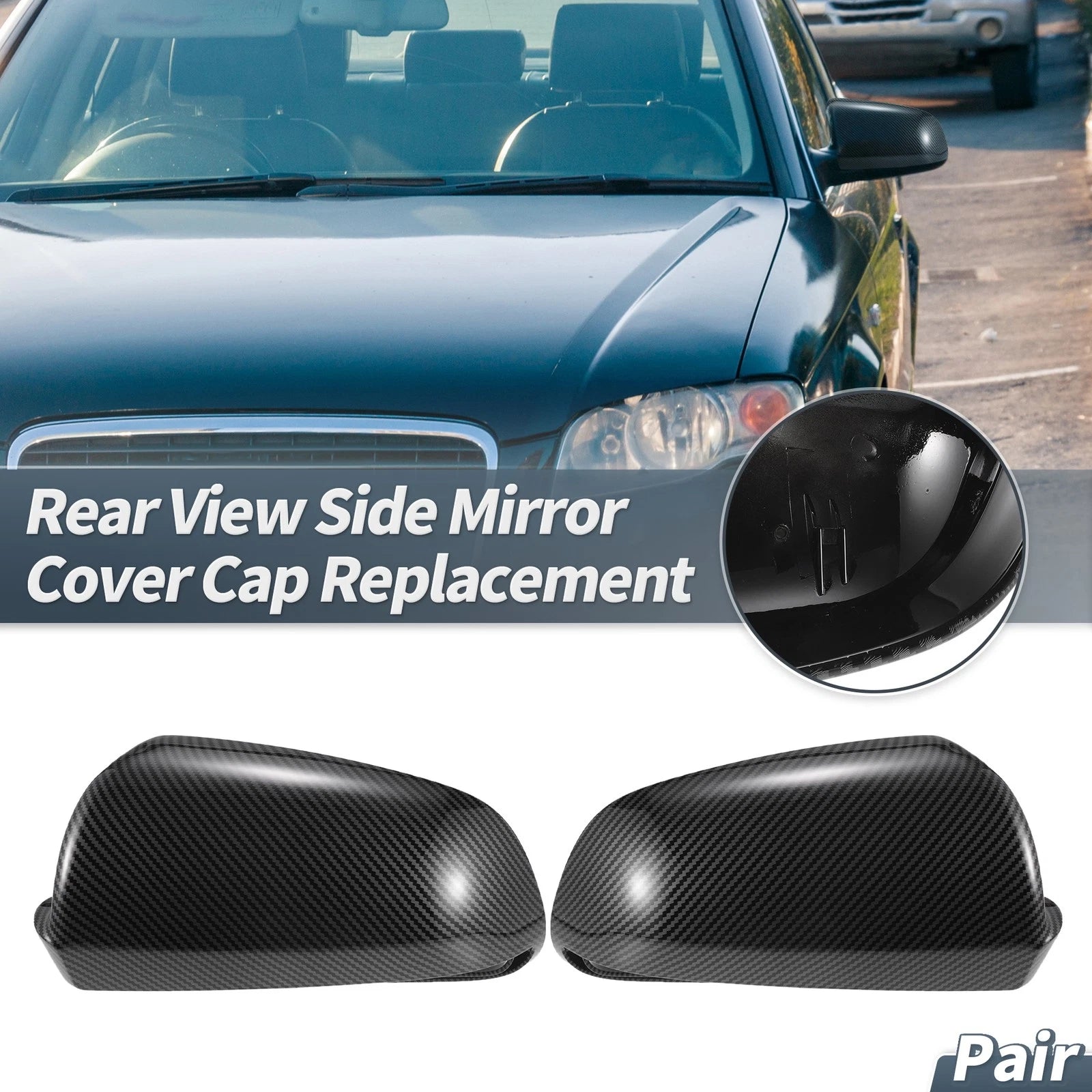 Pair Rearview Mirror Cover Cap Black Carbon Fiber for Audi S3 A4 S4 A6 (2000–2016)