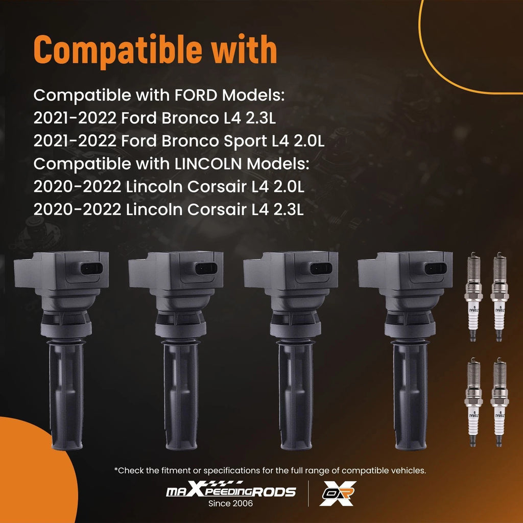 Set of 4 Ignition Coils & Spark Plugs for Ford Bronco Sport Ranger (2019–2022)
