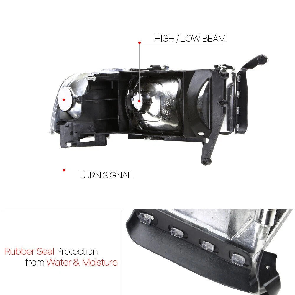 Set of 2 Halogen Chrome Headlights for Dodge Ram 1500 2500 3500 (1994–2002)