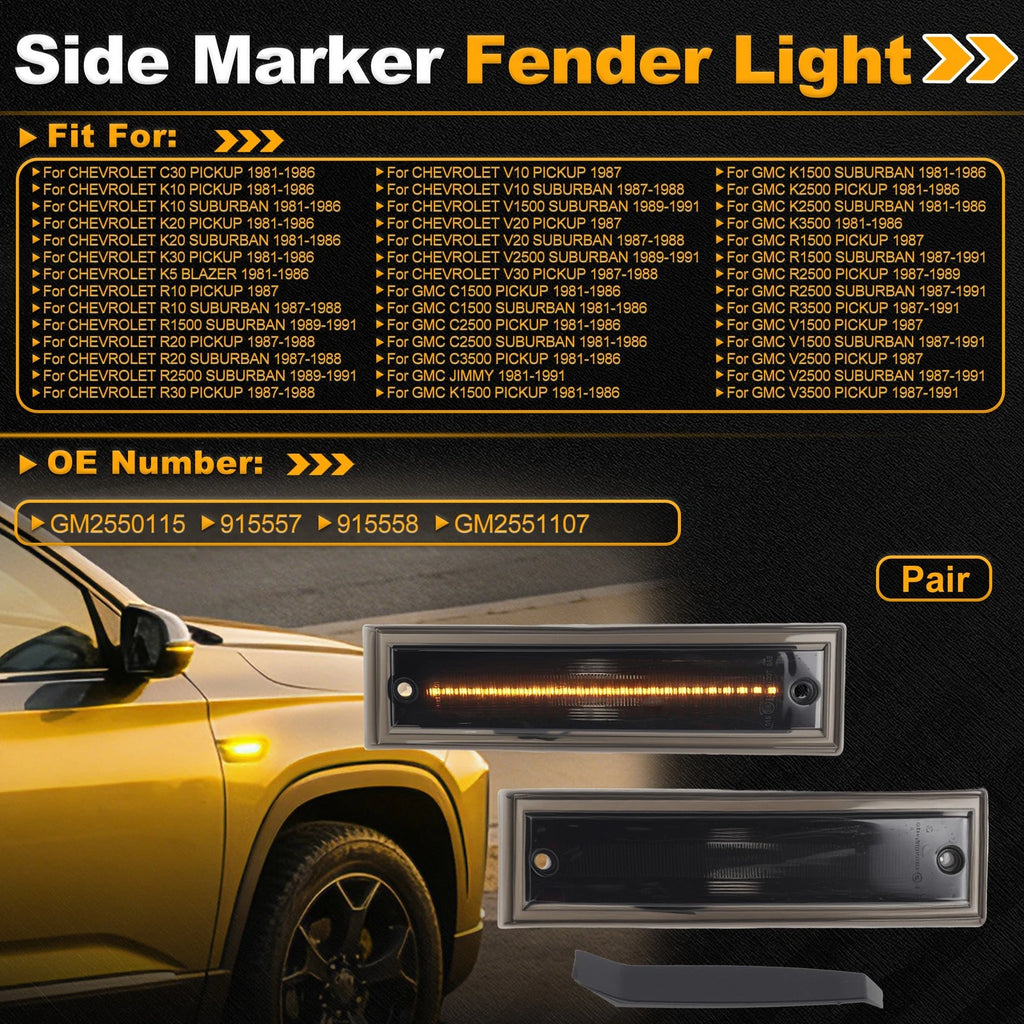 Set of 2 Side Marker Fender Lights GM2550115 for Chevrolet Blazer (1987–1991) Smokey Lens