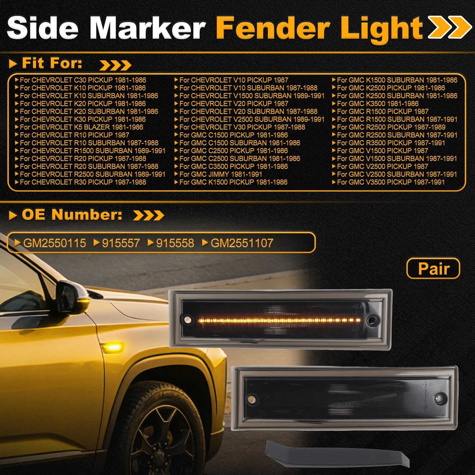 Set of 2 Side Marker Fender Lights GM2550115 for Chevrolet Blazer (1987–1991) Smokey Lens
