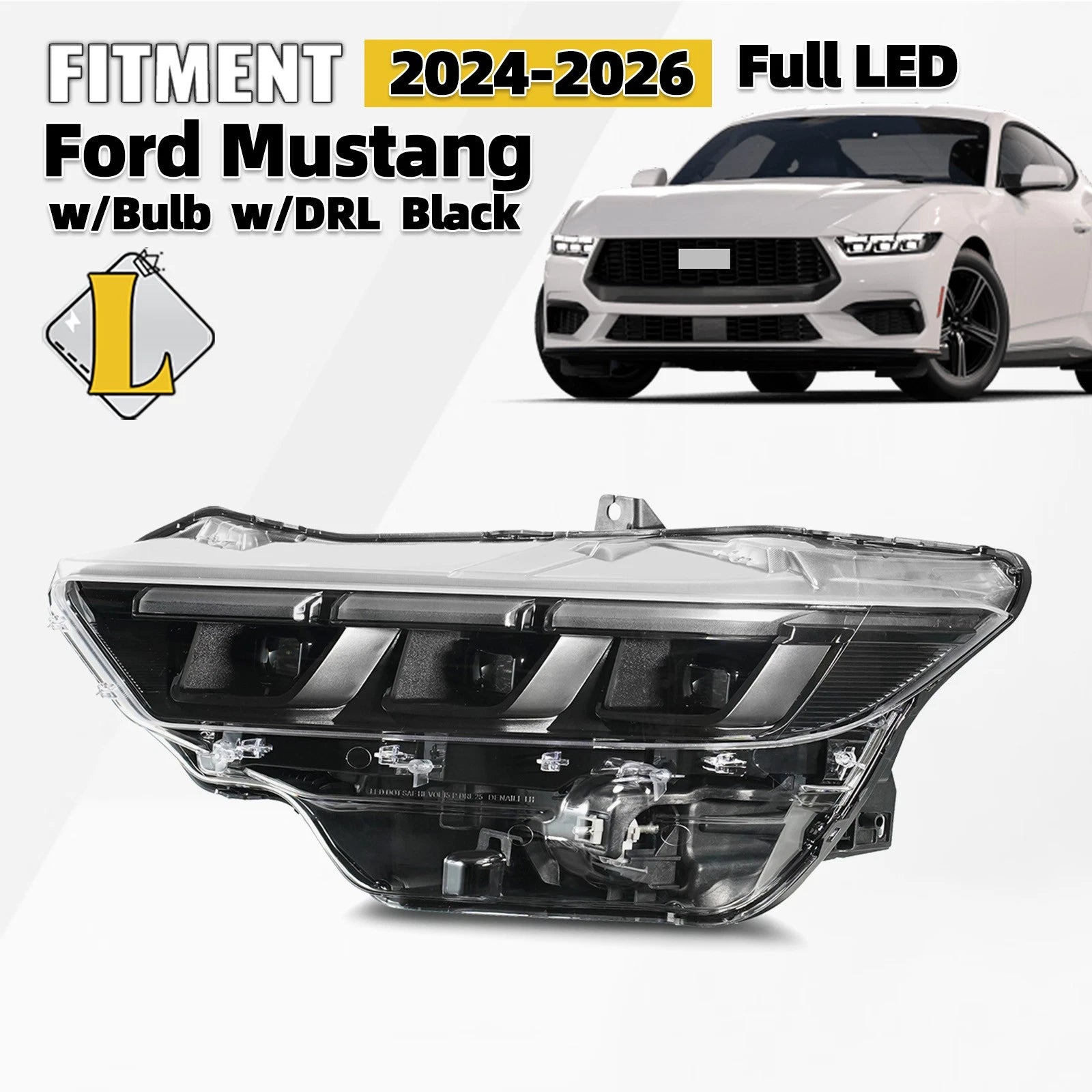 Full LED Headlight Driver Left Side w/Bulb & DRL for Ford Mustang (2024–2026)