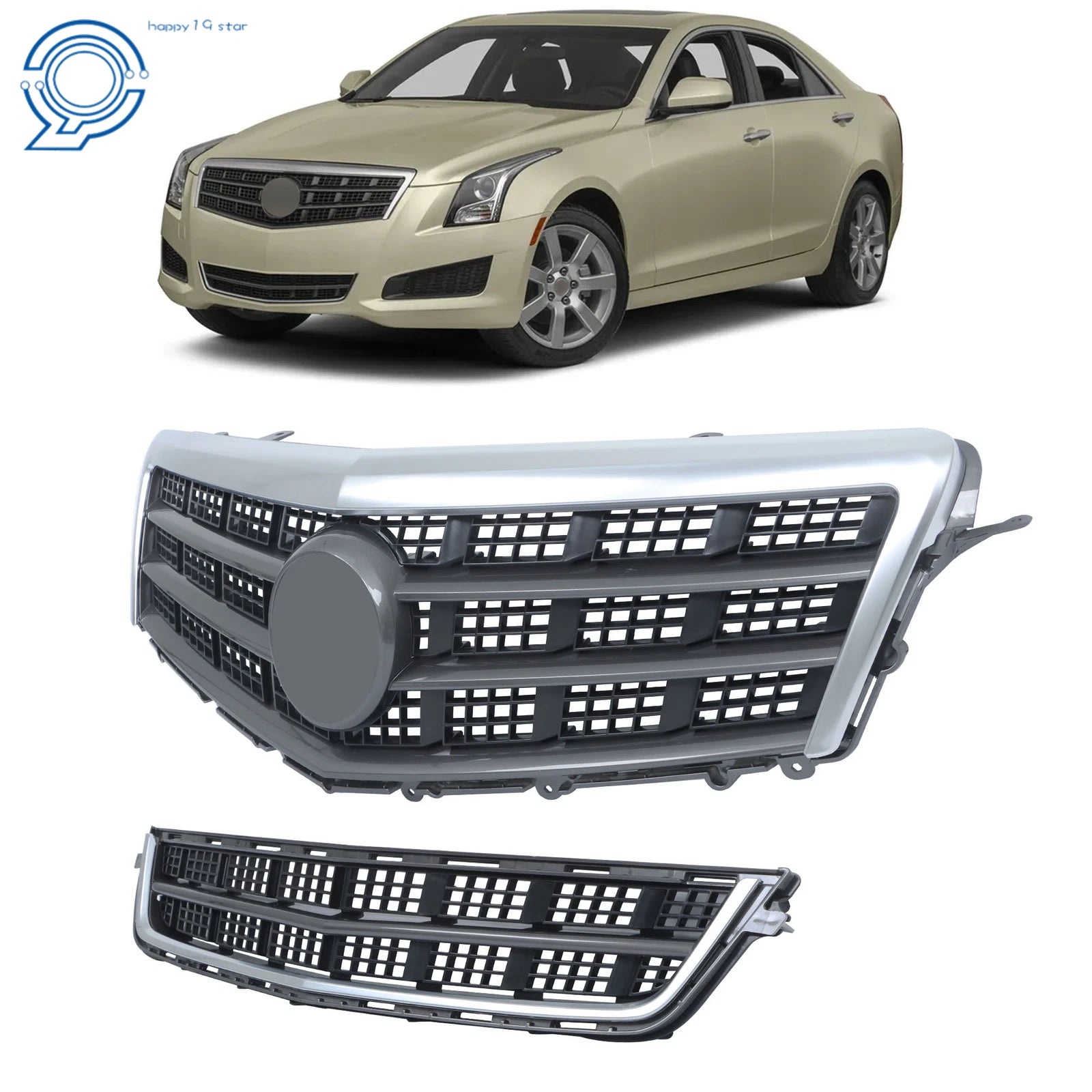 Set of 2 Matte Chrome Front Upper and Lower Grilles for Cadillac ATS (2013–2014)