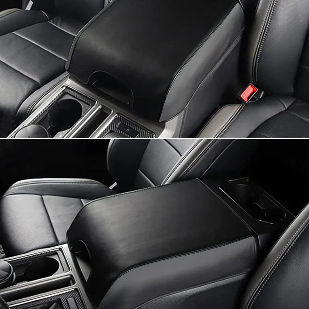 Black Leather Center Armrest Console Lid Cover for Ford F150 (2015–2020)