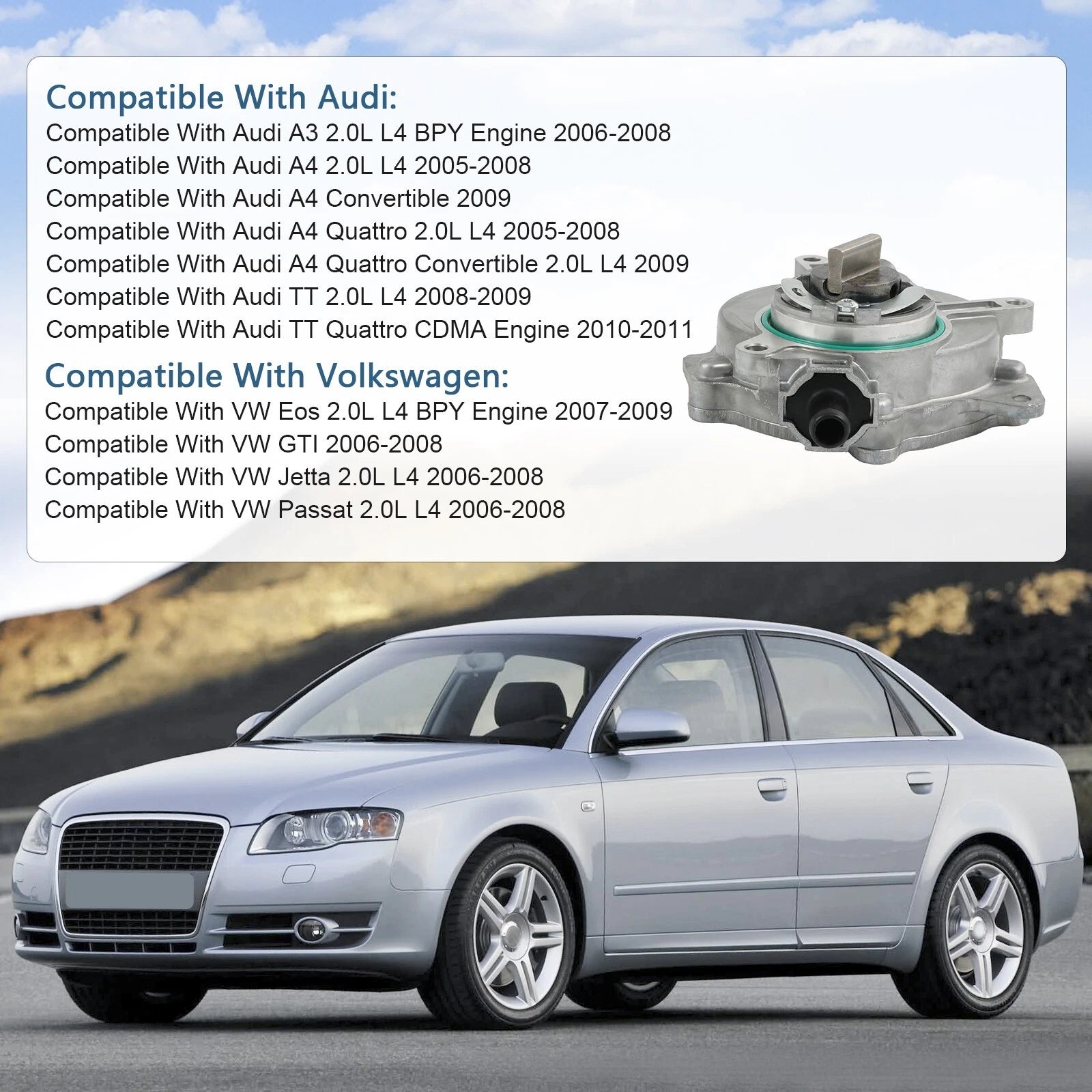 Brake Vacuum Pump for Audi A4 A3 TT Quattro Volkswagen Golf Jetta Passat (2000–2023)