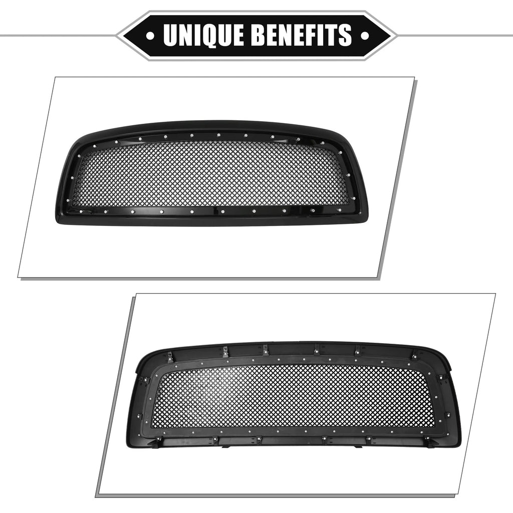 Front Grille Assembly with Rivet for Dodge Ram 1500 (2011–2012) Gloss Black