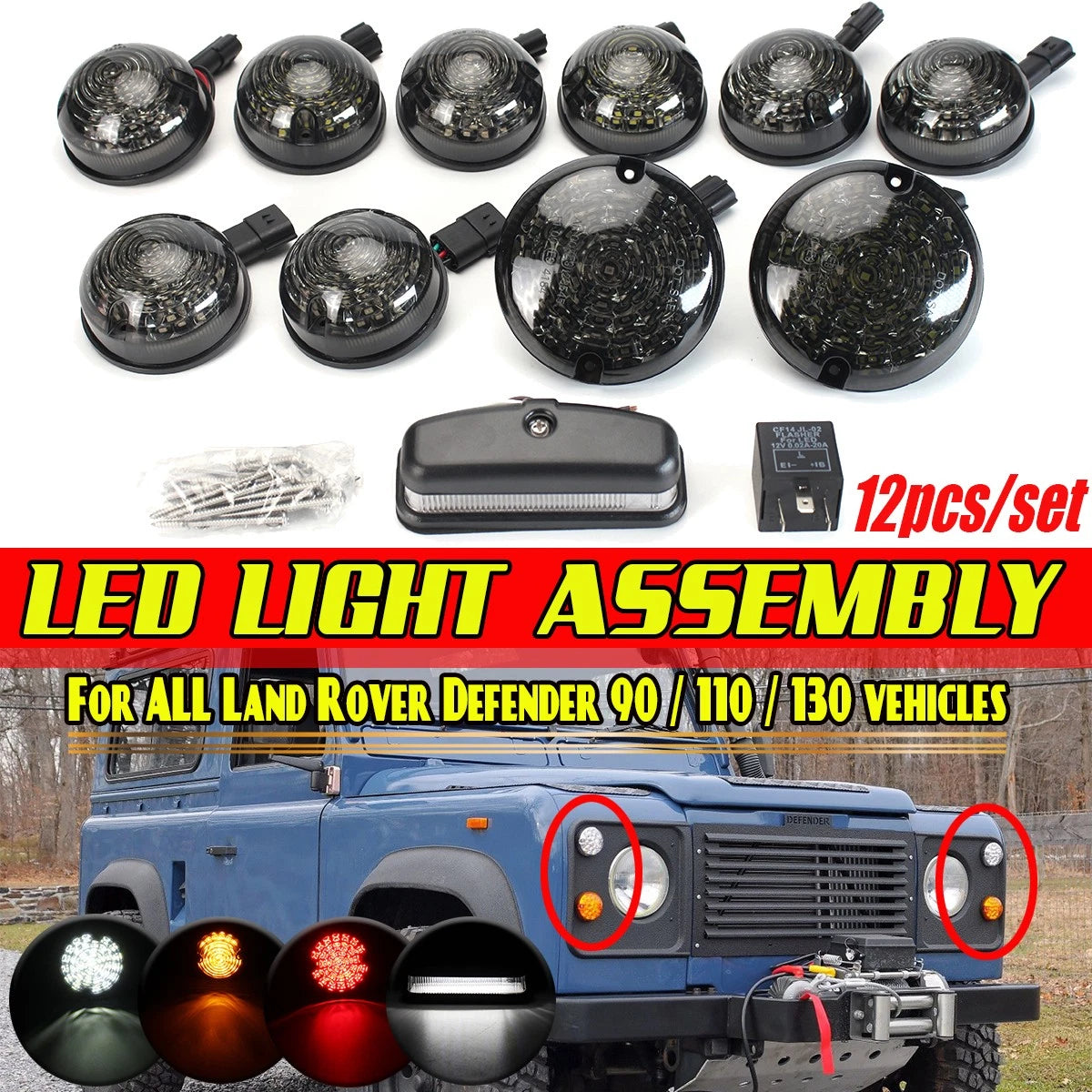 12pc Full Smoke LED Light Upgrade Kit for Land Rover Defender 90 110 130