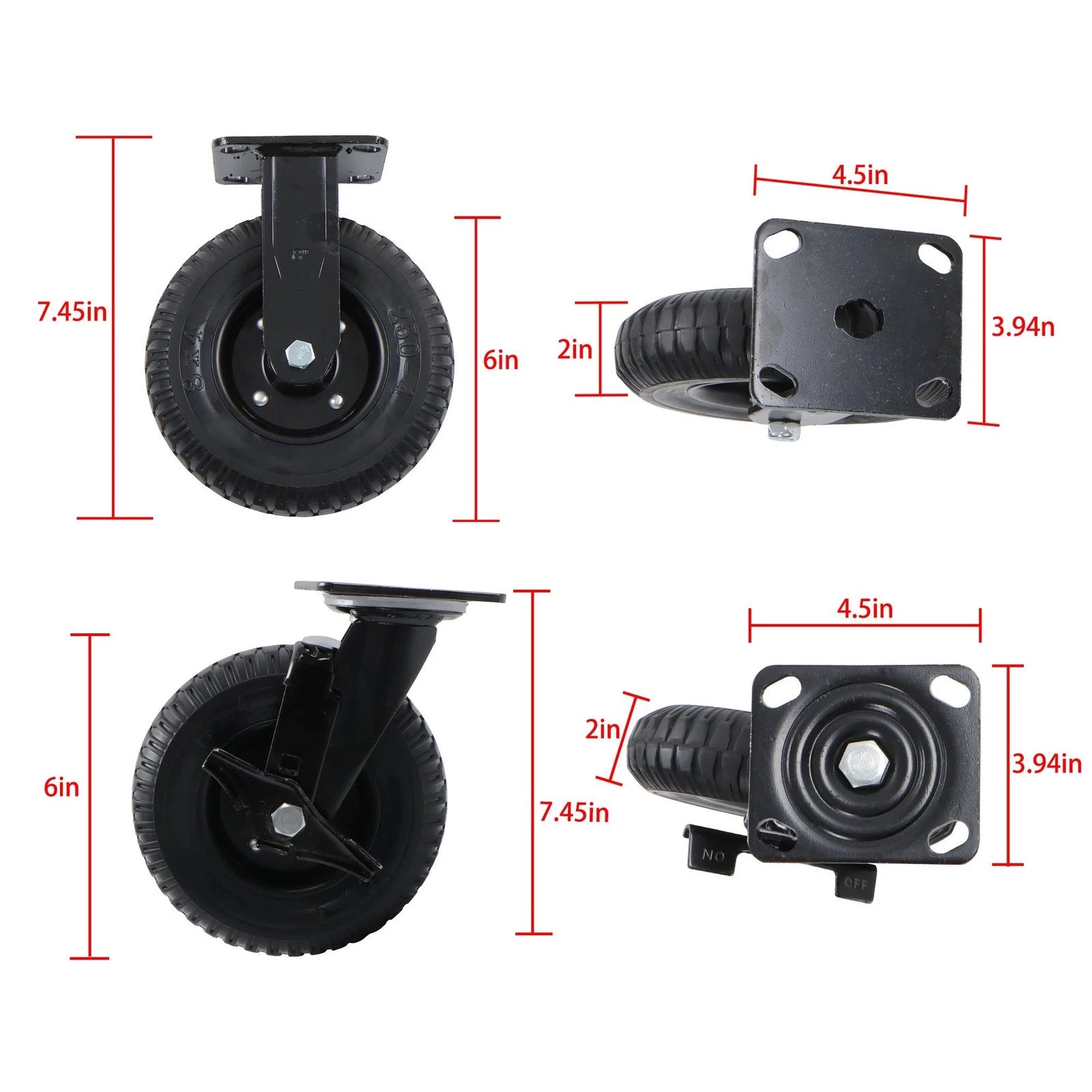 Set of 4 Heavy Duty 8-Inch Casters with Side Brakes 360° Swivel