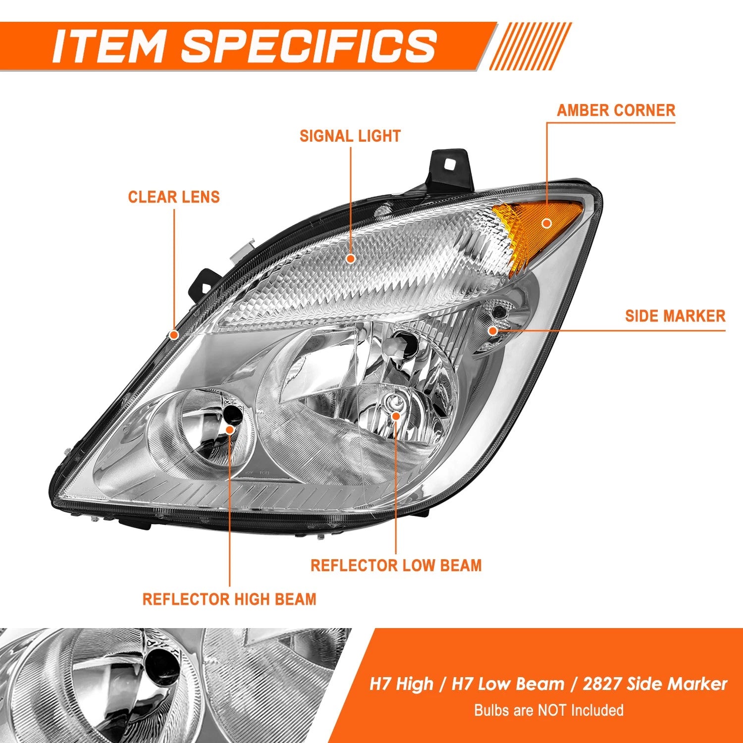 Left Side Chrome/Amber Headlight for Dodge/Mercedes/Freightliner Sprinter (2007–2013)