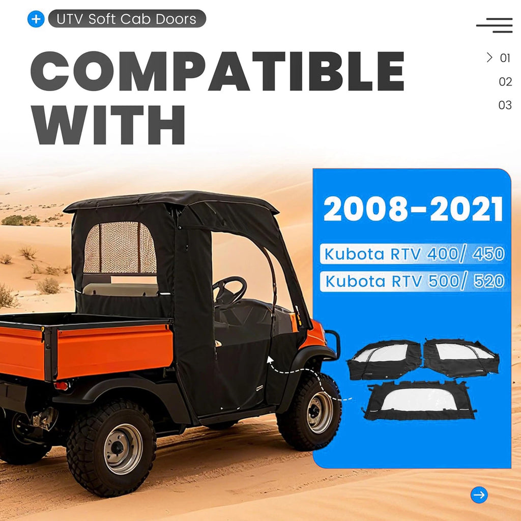 PVC Soft Doors Cab Enclosure & Rear Window for Kubota RTV400 RTV450 (2008–2021)