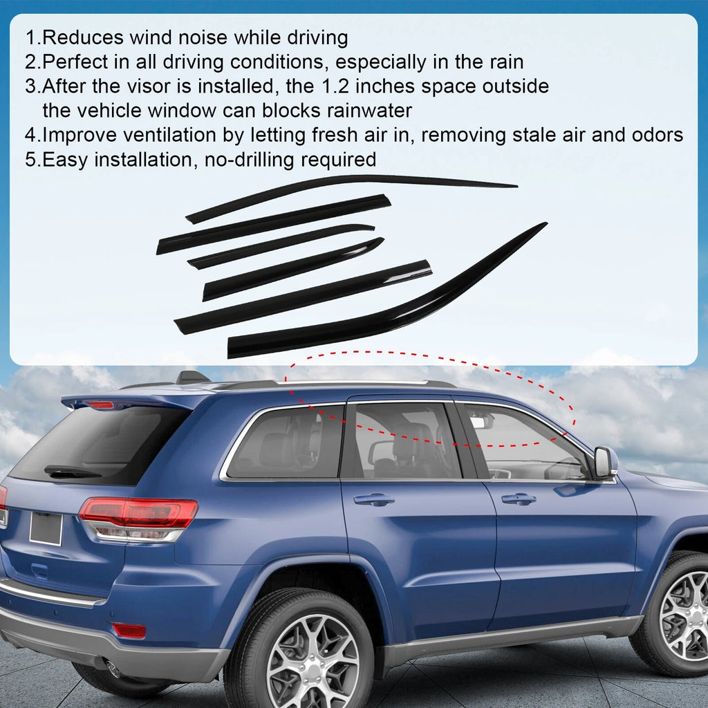 Set of 6 Smoke Door Visor Window Vent Deflectors for Jeep Cherokee (2015–2022)