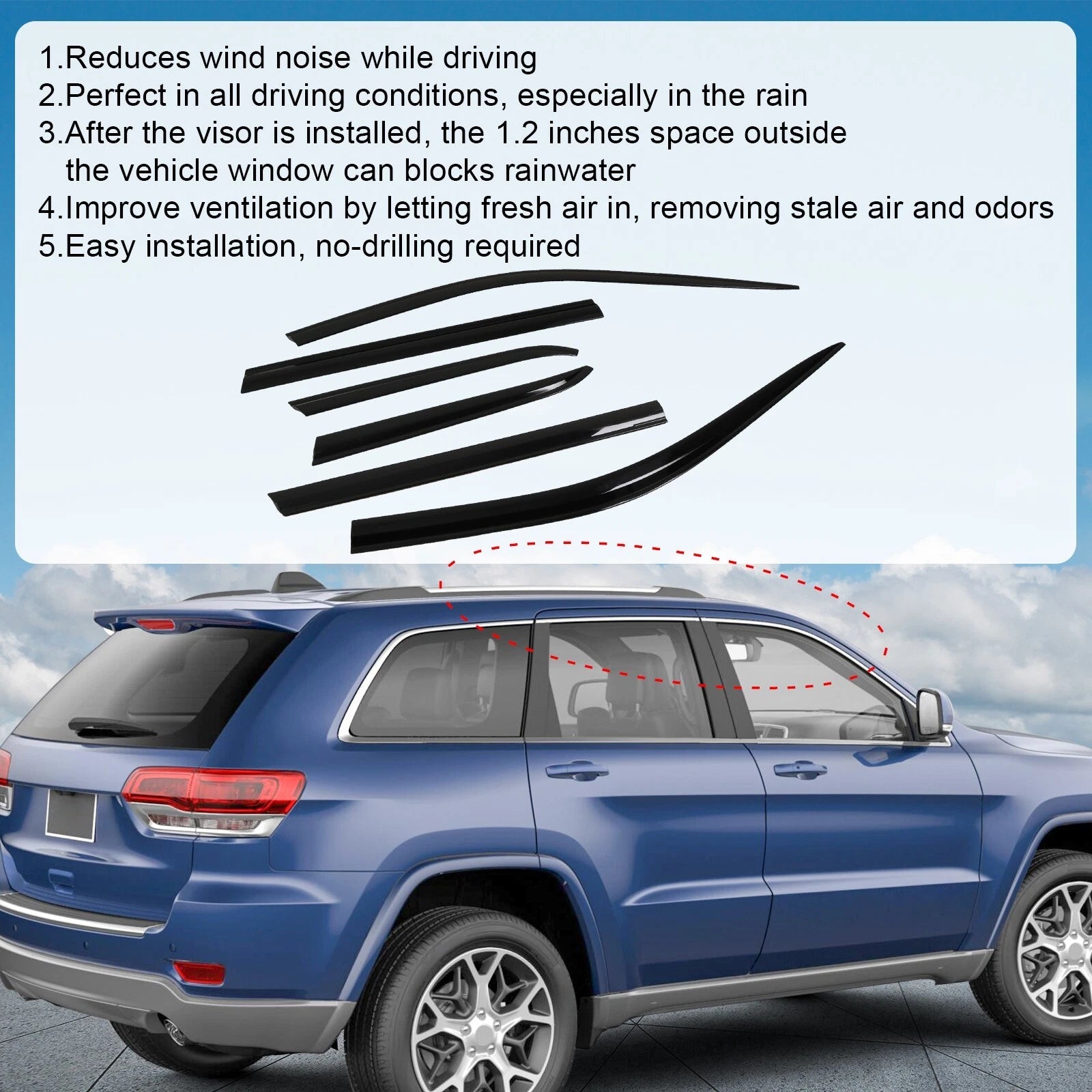 Set of 6 Smoke Door Visor Window Vent Deflectors for Jeep Cherokee (2015–2022)