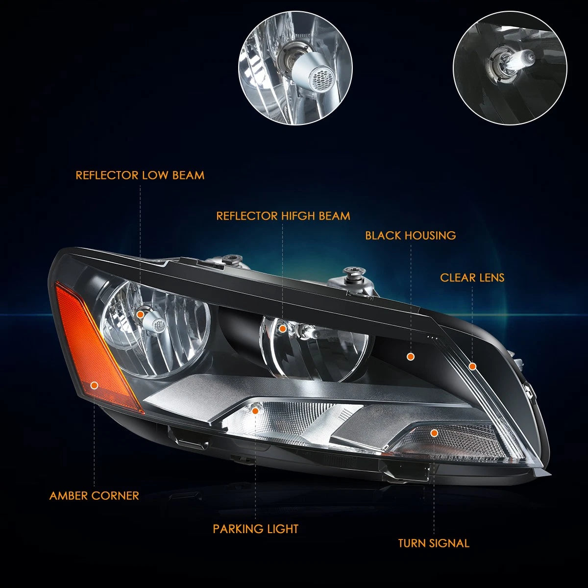 Right Side Headlight Lamp for VW Passat (2012–2015) - Amber Corner, Black
