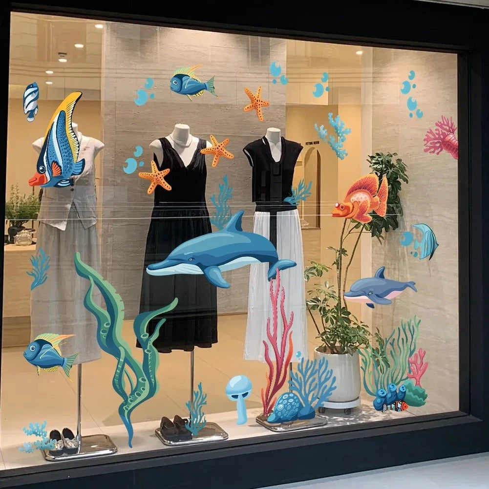 Cartoon Sea Life PVC Static Cling Sticker for Glass Door (11.81 x 35.43 in)