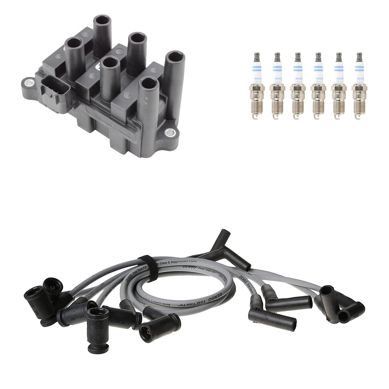 Set of 6 Denso Ignition Coil Wires & Bosch Platinum Spark Plugs for Taurus (1996–1999)
