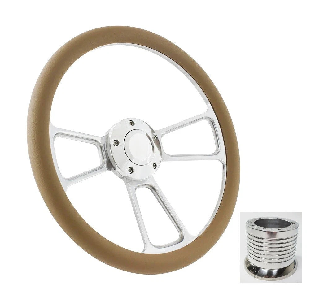 Polished Billet Steering Wheel with Tan Wrap for Universal Fit (14 In)