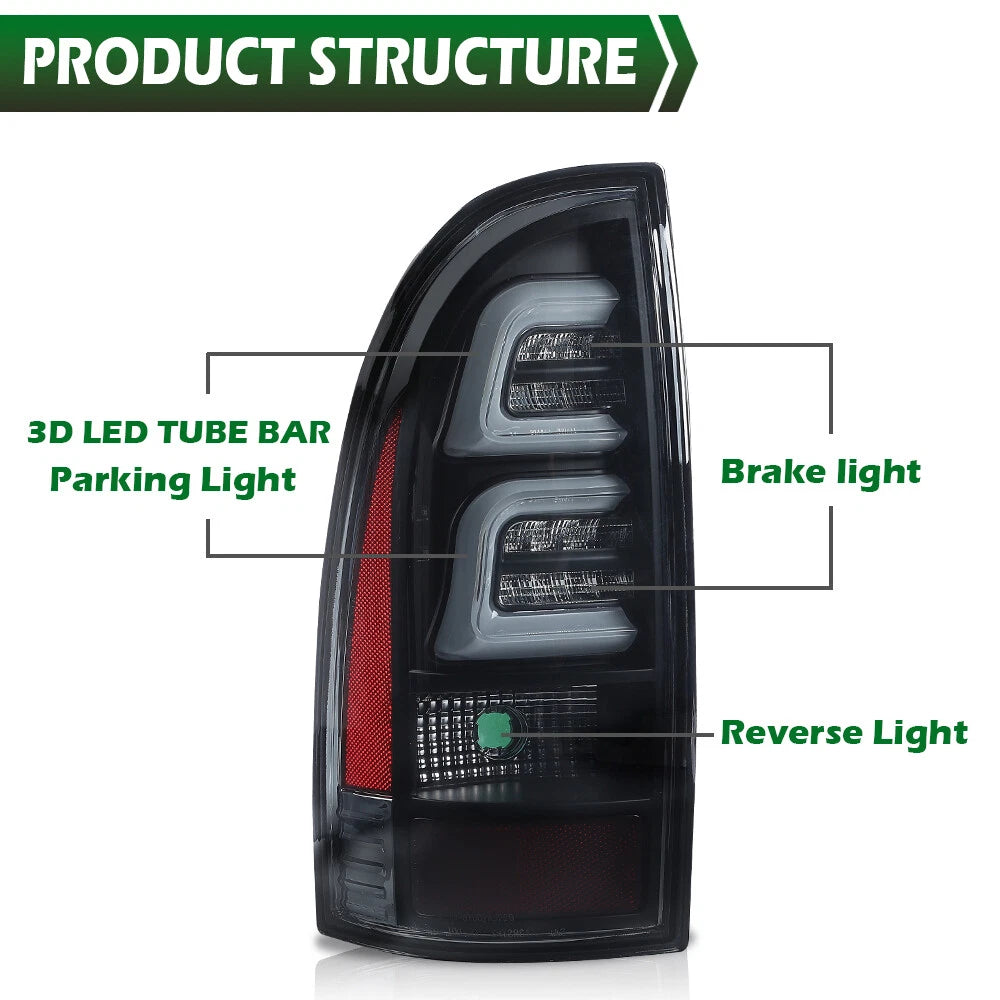 LED Tube Tail Lights for Toyota Tacoma (2005–2015) Black Smoked