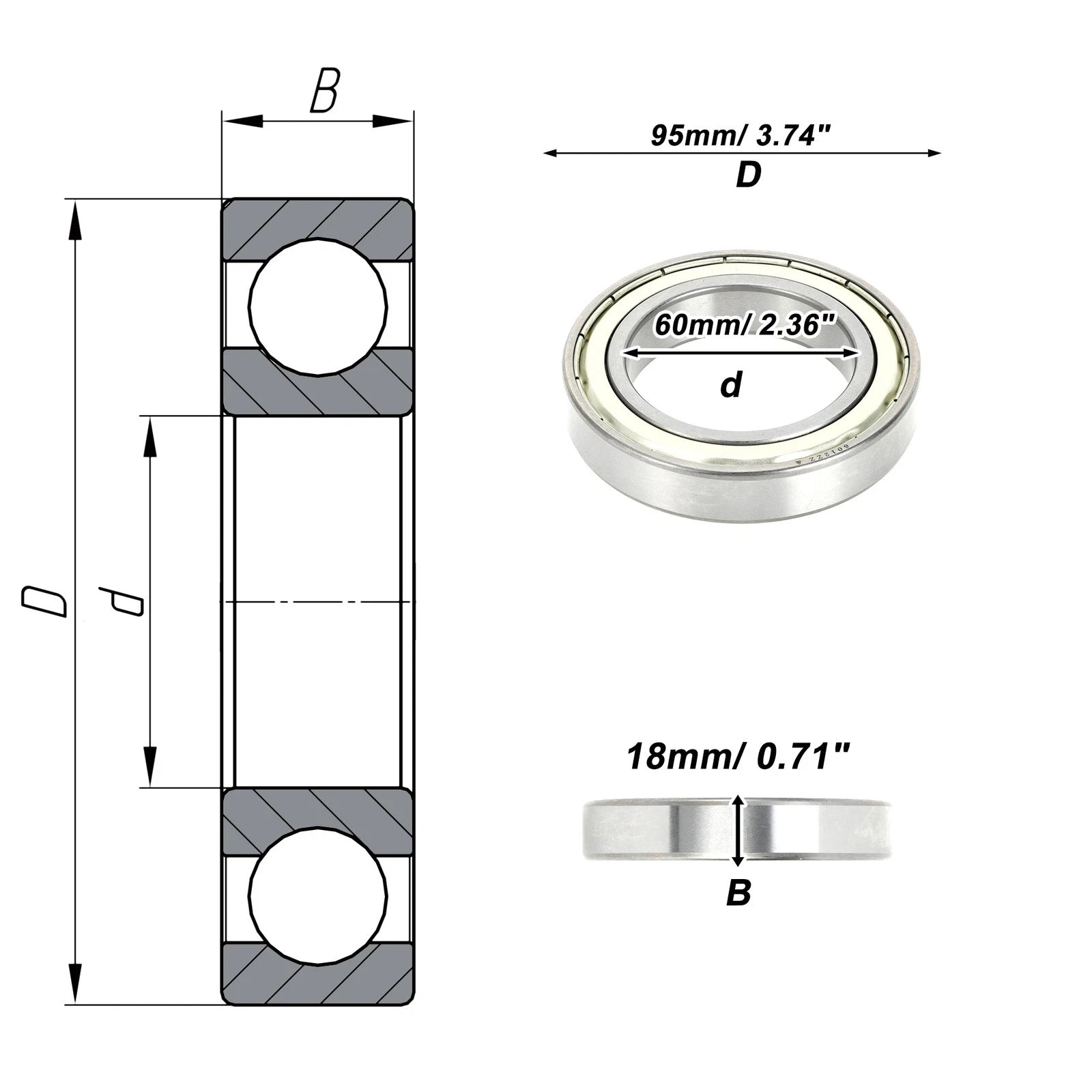 Deep Groove Ball Bearing 6012ZZ for Scooter Skateboard Wheel (60x95x18mm)