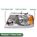 Headlight Assembly for Ford F150 (2004–2008) Chrome Housing Amber Reflector