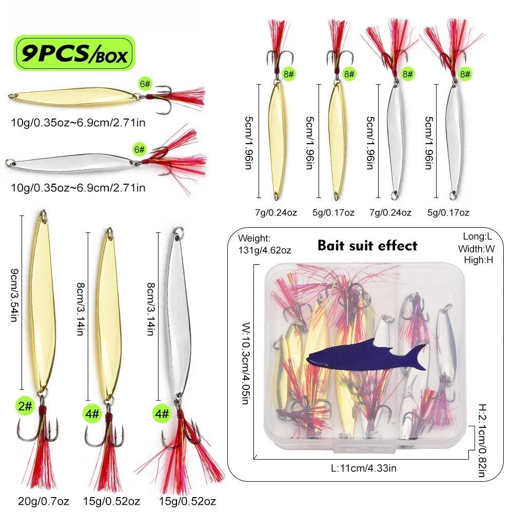 9PCS Metal Willow Leaf Fishing Lures Sinking Bait for Freshwater Bass