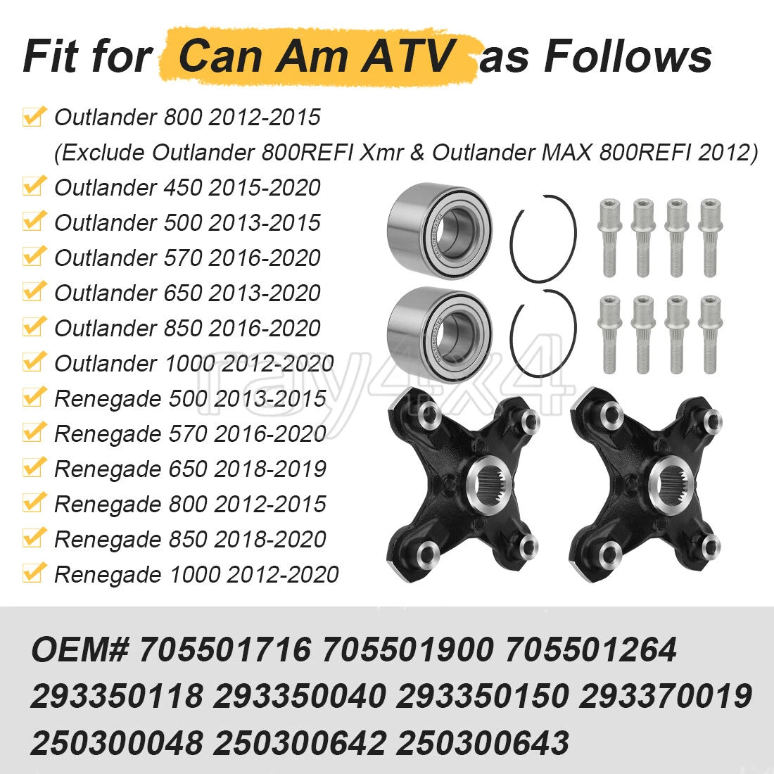 Front/Rear Wheel Hubs with Bearings & Studs for Can-Am Renegade 1000 2012–2020
