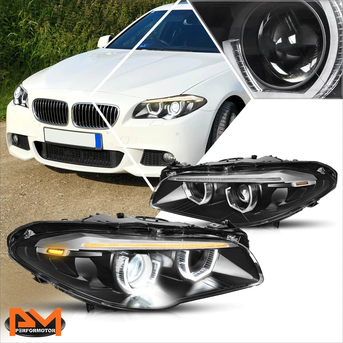 3D LED U-Halo + Sequential Turn Signal Projector Headlights for BMW F10 (2011–2013)