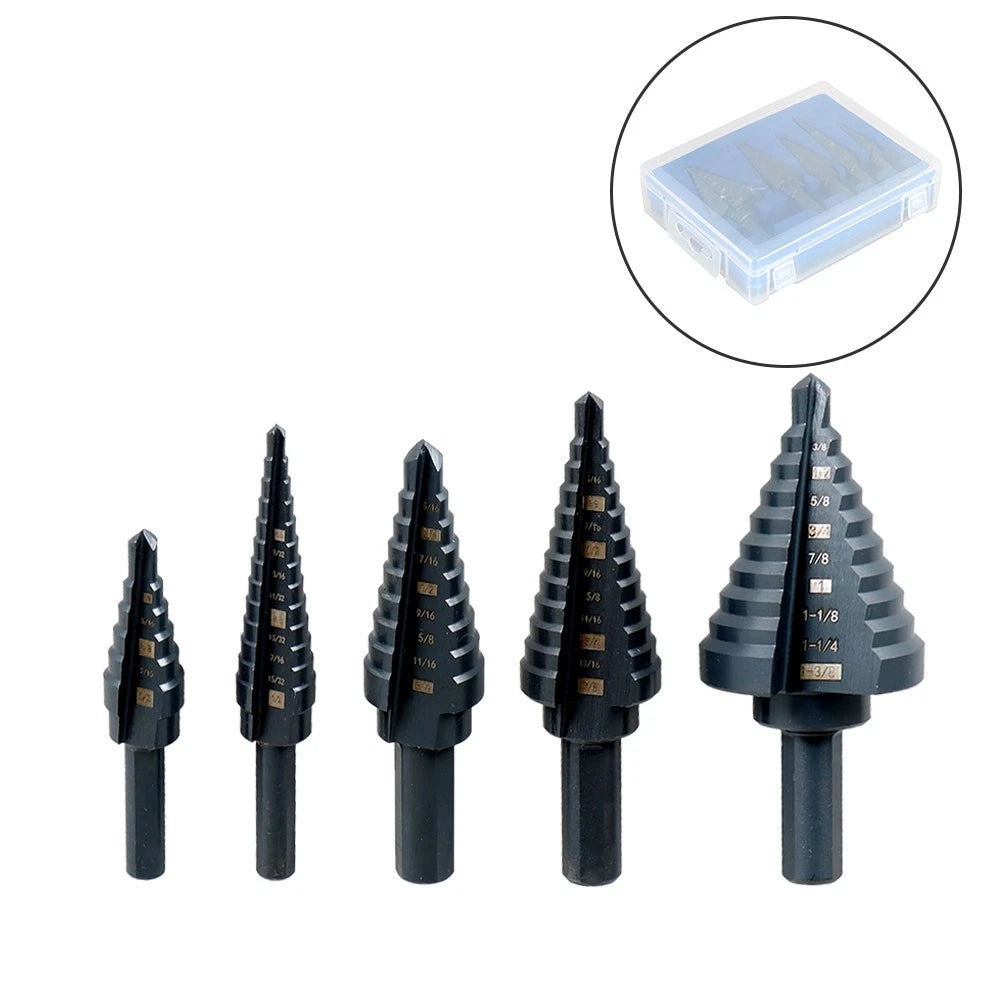 Set of 5 Step Drill Bits Black Oxide M2 1/8-1-3/8"