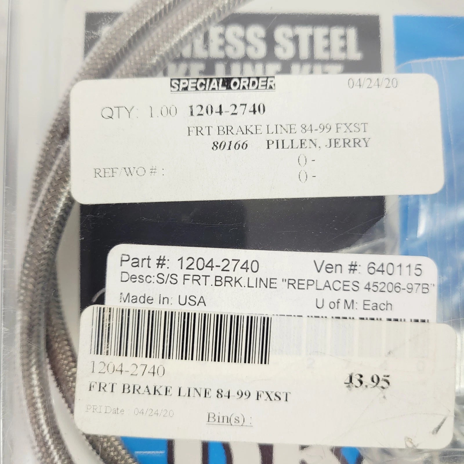 Front Brake Line for FXST/DWG (1984–1999) 1204-2740, Clear-Coated Stainless Steel