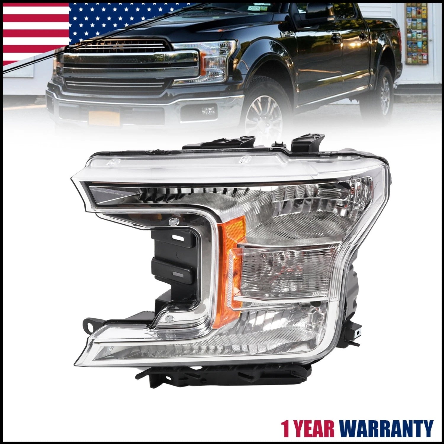 Driver Side Halogen Headlight Assembly for Ford F150 (2018–2020) Chrome Clear