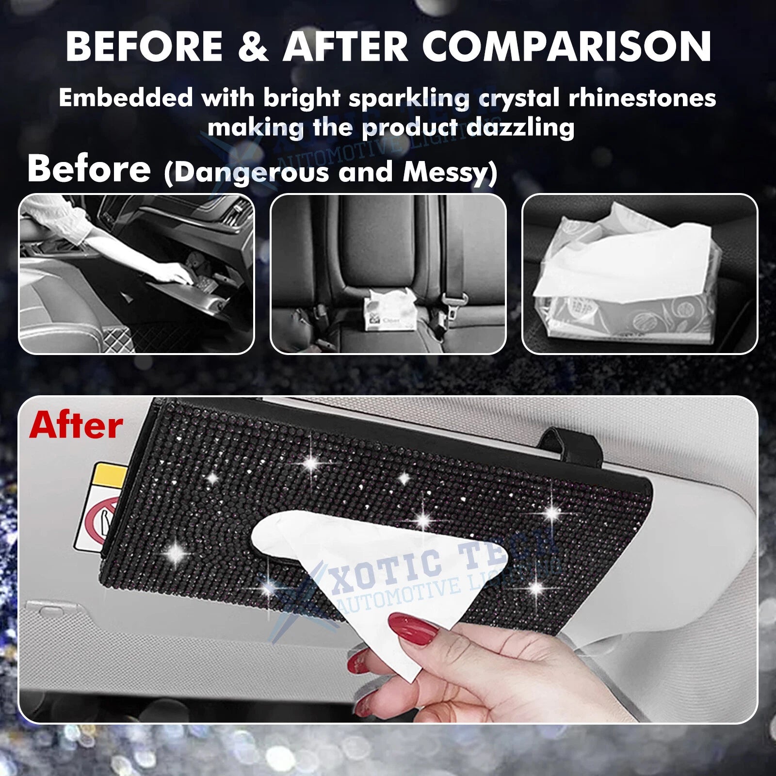 Crystal Car Visor Tissue Dispenser for PU Leather Backseat (2010-2025)
