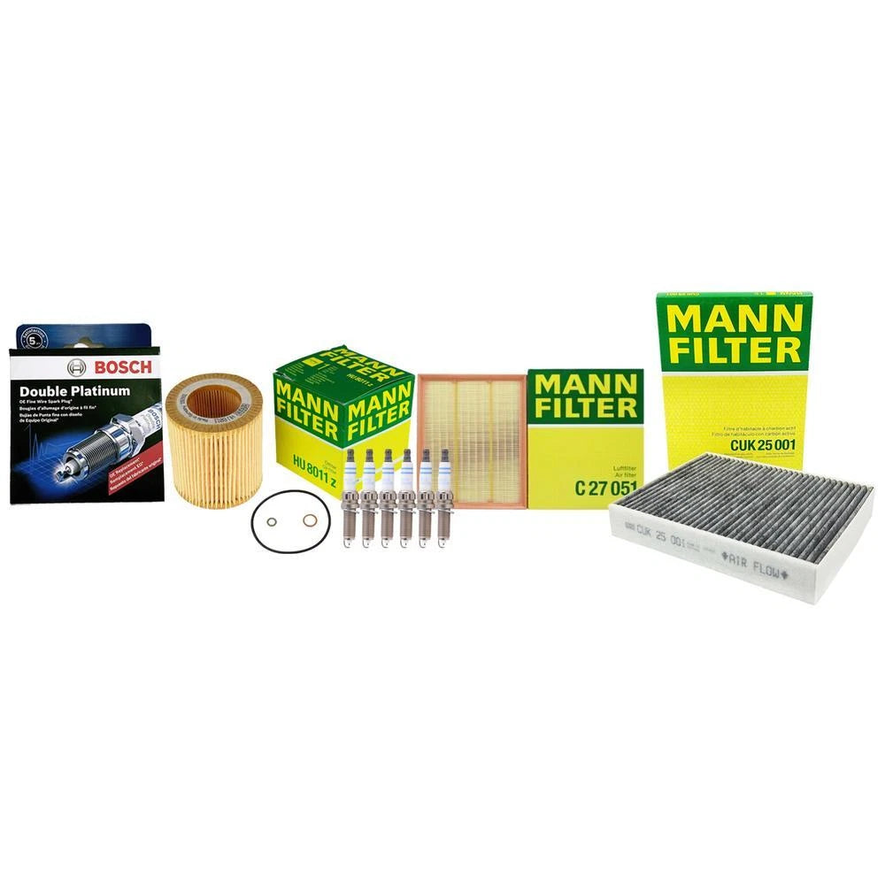 Mann Cabin Oil & Air Filter Set with 6 Bosch Double Platinum Spark Plugs for BMW